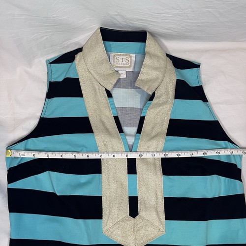 Sail to Sable STS Shift Dress M Blue Stripes Gold V-neck Preppy Nautical Women’s - Picture 7 of 11