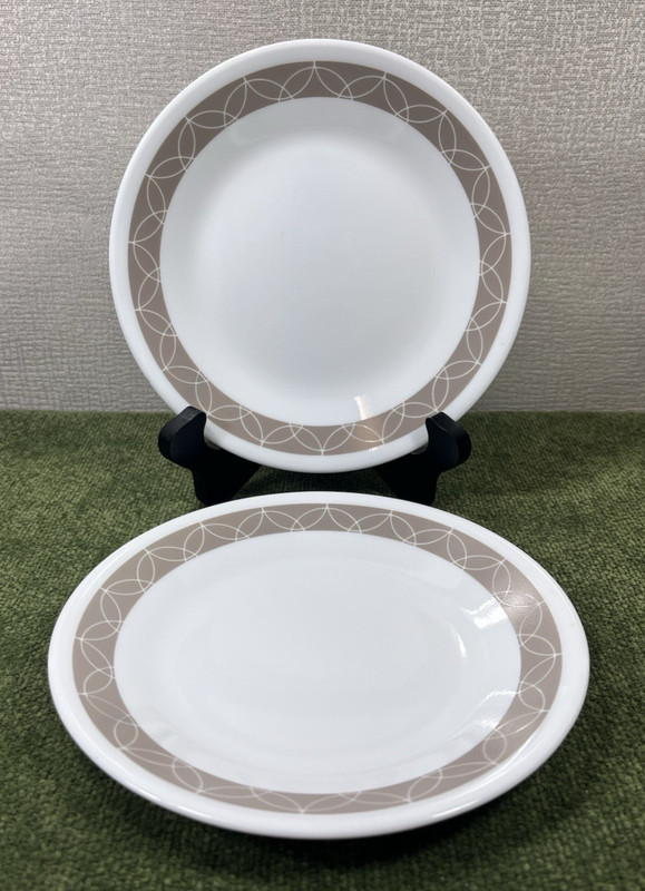 Corelle SAND SKETCH Set of 2 Bread Plates White w/Taupe Geometric Band 6-3/4"