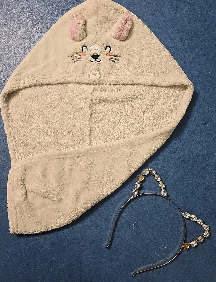 Orejas de Gato Diadema Dorada Brillo + Toalla de Pelo Turbante Giratorio Turbie Niñas Lote Conjunto Foto 4 de 4