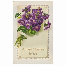Easter Purple Violets Flowers Greeting Holiday Embossed Postcard 5.5 x3.5  1900s
