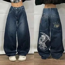 Unisex Baggy Y2K Streetwear Graphic Jeans Wide Leg Embroidered Denim Pants M X