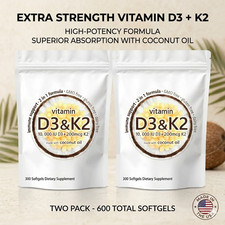 2Pcs Vitamin D3 10000 iu Plus K2 MK-7 200 mcg, 300 Virgin Coconut Oil Softgels