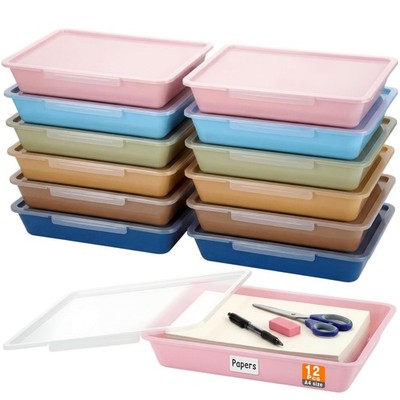 12 Pcs Paper Storage Bin with Clear Latching Lid, Label Colored Plastic Stack...