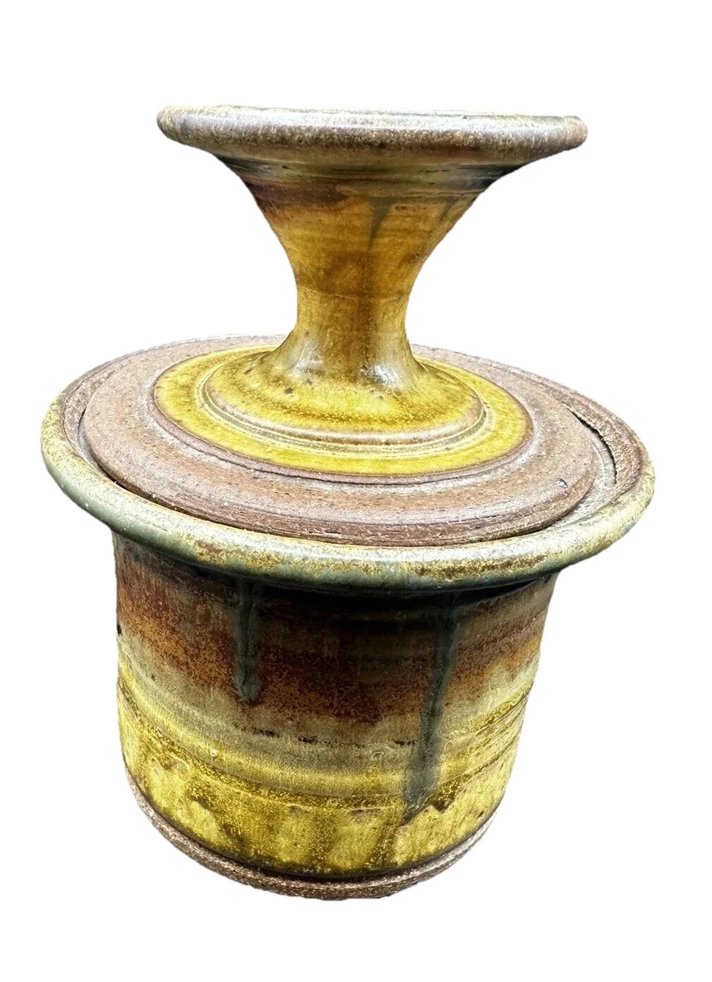 New Butter Bell Keeper Yellow/Brown Hues Drip Glaze Studio Art Pottery Signed