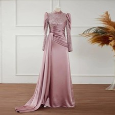 Evening Dress Wedding Party Pink Muslim Prom Gowns Satin Sequined Long Sleeve