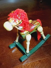 Vintage Wooden Christmas Handpainted Rocking Horse With Red Yarn Mane And Tail
