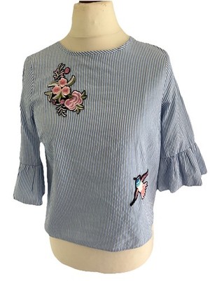 Atmosphere Oberteil Bluse Hellblau 40 Gestreift 3/4 Arme Stickerei Applikation
