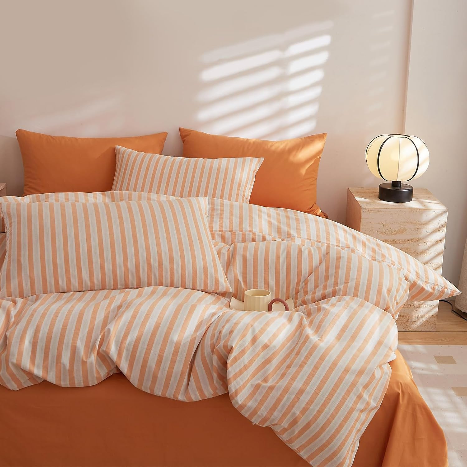 Retro Striped Duvet Cover Set Twin Soft 100% Washed Cotton 3-Piece Chic Orange W
