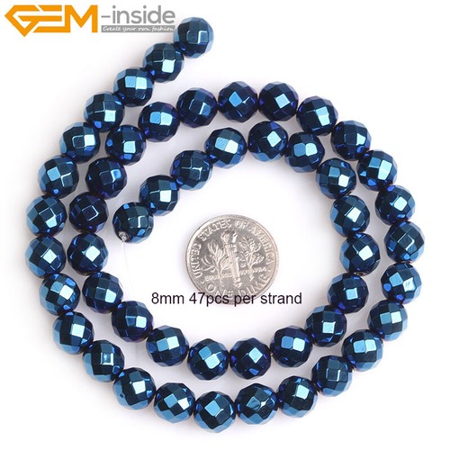 Round Blue Metallic Coated Hematite Faceted Stone Loose Beads Jewelry Making 15‘ - Picture 6 of 52