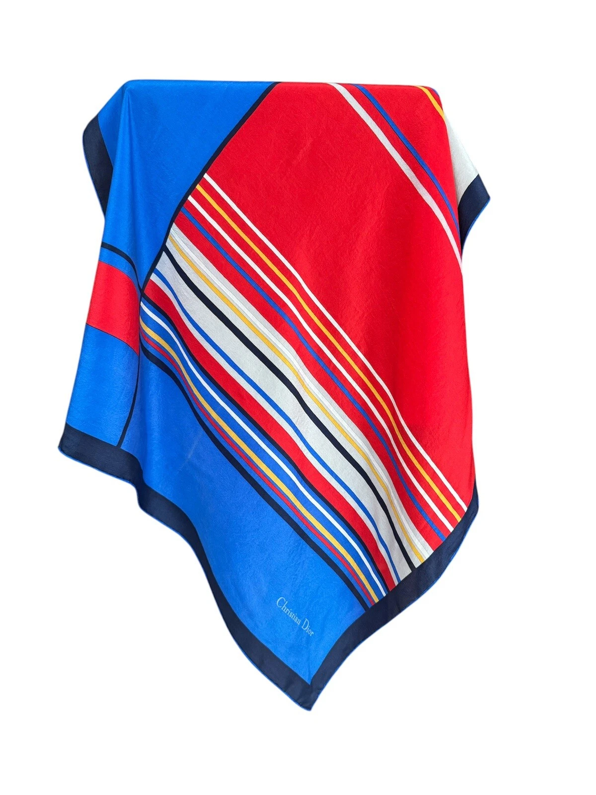 Foulard vintage Christian Dior 100% soie bleu rouge abstrait rare pour collection