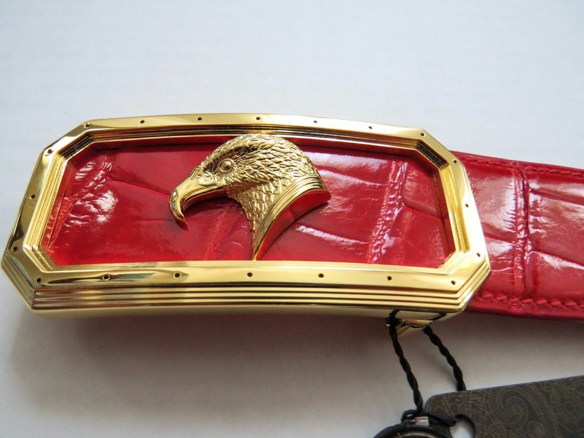 NWOT WCM Red/Gold Crocodile Embossed Leather Chain Belt Size Medium MSRP $225 STEFANO RICCI Red Crocodile Leather Rectangular Gold Buckle  main image 3