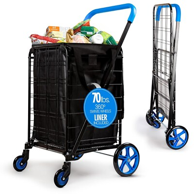 #ad Small Foldable Shopping Cart with Cart Liner 17.72quot; x 21quot; x 36.6quot; Blue $35.00