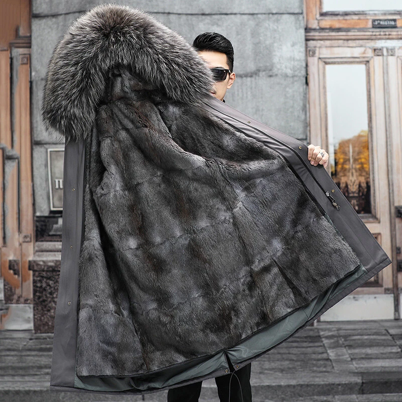 100 Real Mink Fur Lining Overcoat Mens Genuine Fox Fur Hooded Parka Warm Jacket