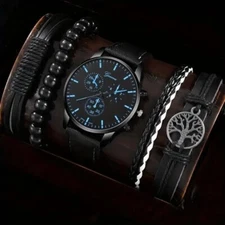 5pcs Black Fashion Men Casual Quartz Watch & Black Life Tree Hand Rope Set New