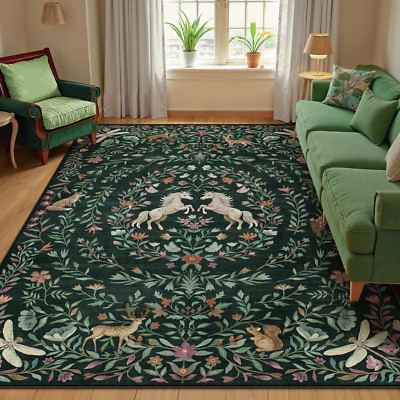 Unicorn Floral 8x10 Area Rug - Non-Slip Washable Vintage Farmhouse Design