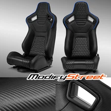 2X Black w/ Blue PVC Carbon Fiber Leather Reclinable Racing Seats W/Silders