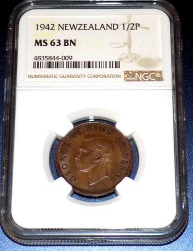 1942 NEW ZEALAND MS63 MS 63 BN HALF 1/2 PENNY 1/2P NGC Certified Graded Coin