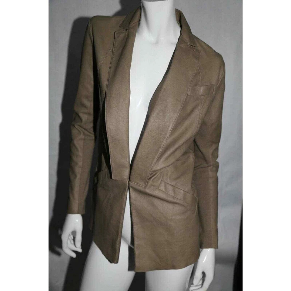 Chaqueta Blazer VEDA Marrón Claro Tostado Cuello Cuero Talla M Foto 2 de 4