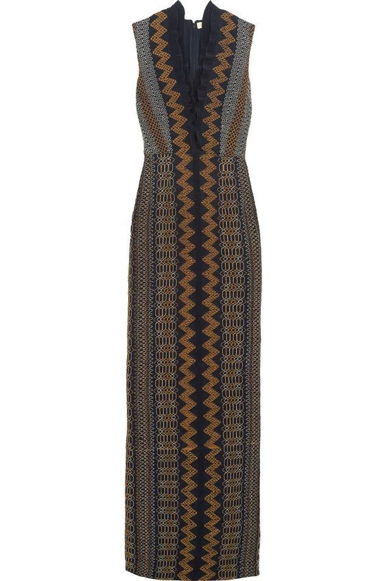 Maxi Vestido de Diseñador TORY BURCH Azul Marino Calado Crepé de China Borde con Volantes 4 EE. UU. Foto 3 de 4