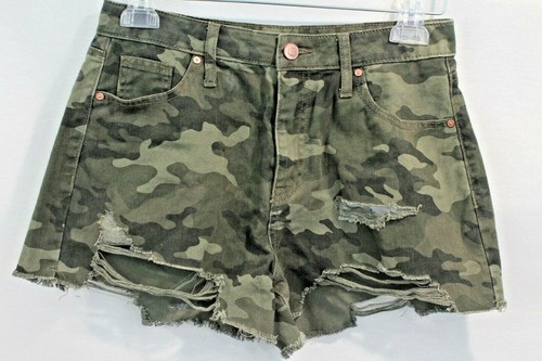 NOBO Shorts Cut Off size 7 Green Denim Camouflage Distress High Rise - Picture 3 of 6