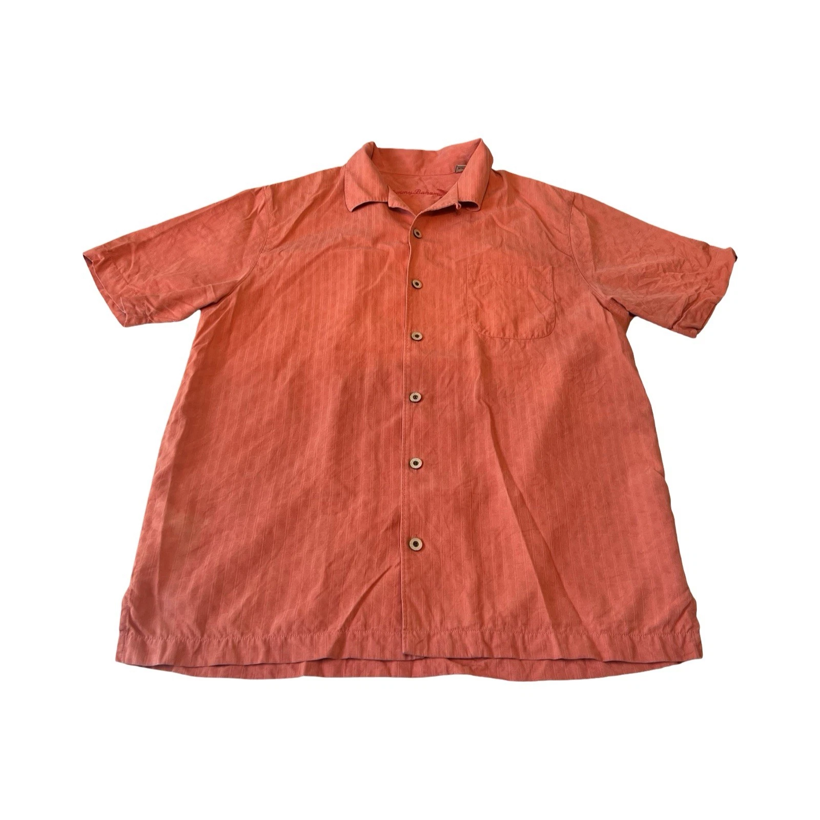 Tommy Bahama Mens Silk Button Down Shirt Salmon Orange Textured Stripe Camp M