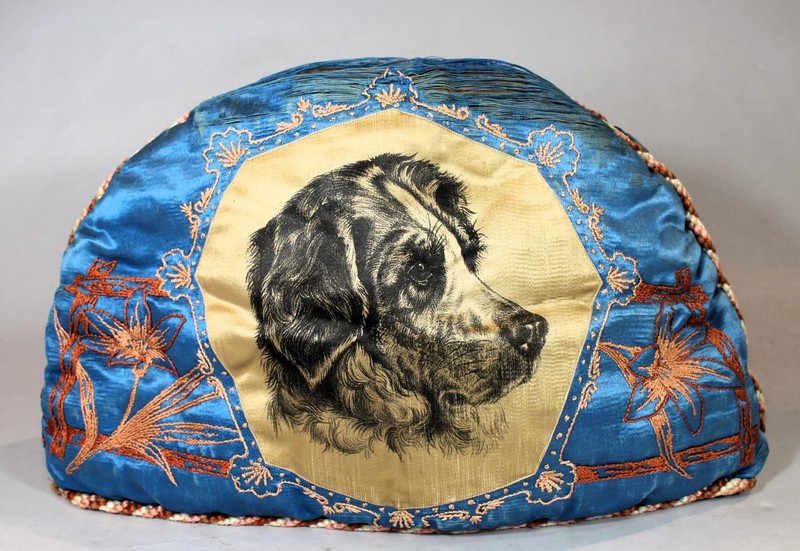 English Pre-War Silk Embroidered Tea Cozy with Portraits of a Dog & Cat c. 1935