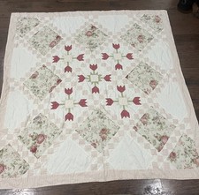 Vtg Handmade Quilt Tulip Floral Block Pattern 84x84 Hand Stitched Cottagecore