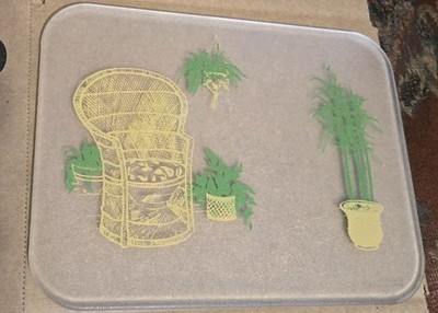 Vtg Bar Cutting Board Wicker Rattan 70s Peacock Chair House Plants 8 X 6