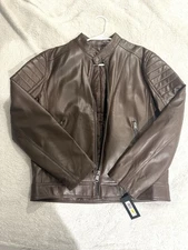 Mens Kenneth Cole New York Brown Leather Jacket Size Medium Full Zip With Pocket