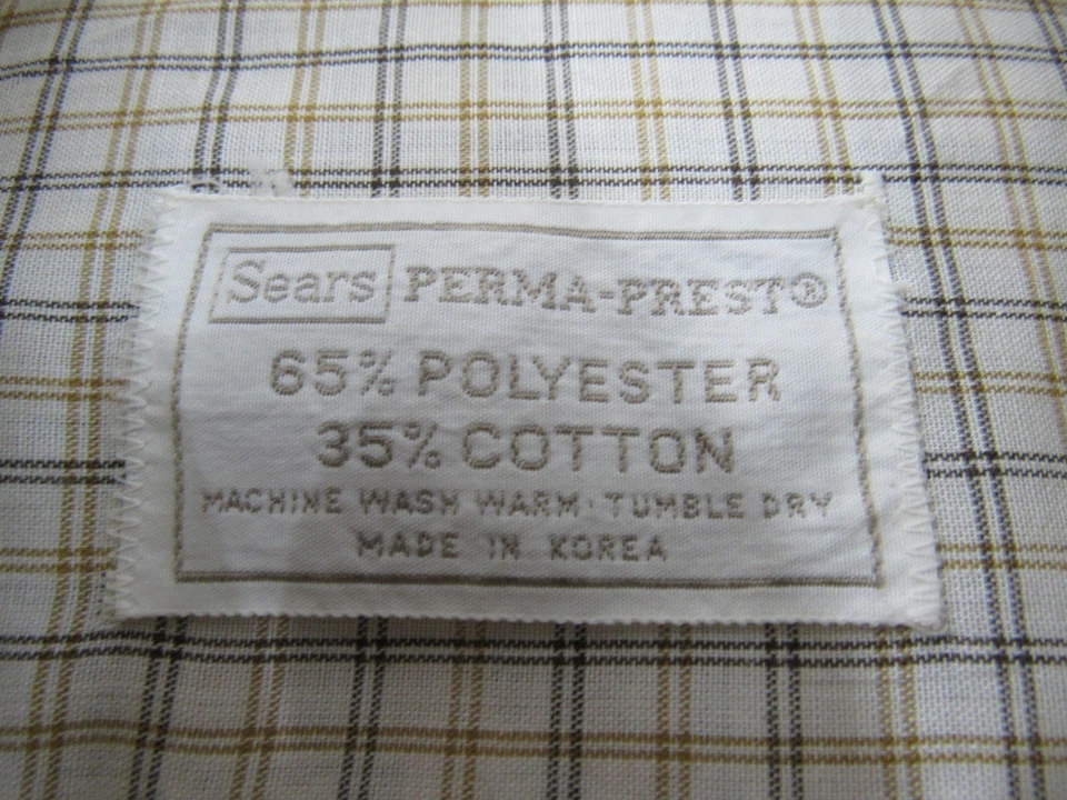 Vintage Sears Perma Prest Shirt Mens 15.5 34-35 Beige Plaid Button Down 70s - Image 3 of 4