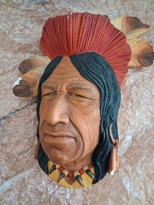 Vintage Bossons Chalkware Head Indian Cherokee Chief Wandbehang Plakette 1969