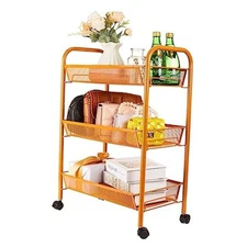 3-Tier Metal Rolling Cart, Storage Shelf with Lockable Caster Yellow 3-tier