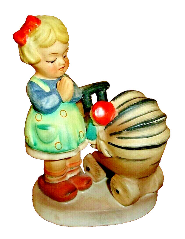 Vintage  Girl with Baby Doll Buggy Ceramic “Good Night”