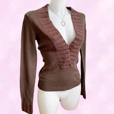 Jane Norman Brown Vneck Jumper Angora Wool Trim Y2K Fairy Grunge 
