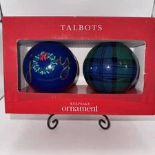 Talbot's Keepsake Christmas Ornaments Lot of 2. New in Box 1 bl/gr plaid 1/joy