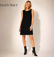 Ellen Tracy Black Knit Shift Dress Sleeveless Round Neck Contrast Trim Size L 