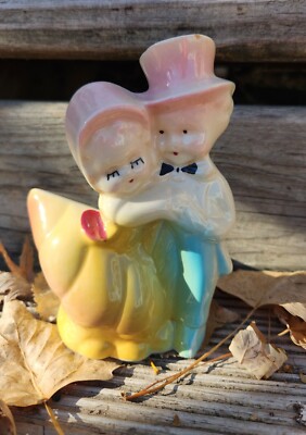 Man Woman Dancing Pottery Planter Belle Dress Bonnet Top Hat Bowtie Vintage