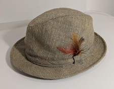 Vintage Dorfman Pacific Fedora Hat Tan Wool w/ Feather Size L Made in Korea