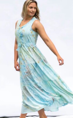 Greater Good Maxi Dress Womens 2X Blue Saltwater swirl Boho Flowy Long Sundress