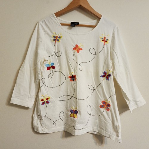 Vintage 90s Jeevan Shirt Cotton 3/4 Slv Top Butterfly Embroidered L Cottagecore - Bild 3 von 15