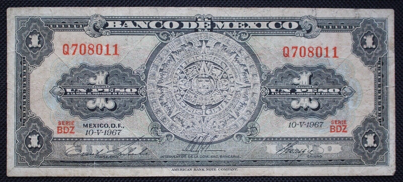 1967 BANCO DE MEXICO UN PESO BANK NOTE - Series BDZ Q708011 