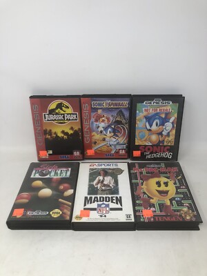 Lot Of 6 Sega Genesis Games Sonic Jurassic Park Side Pocket Madden 94 Ms PAC Man