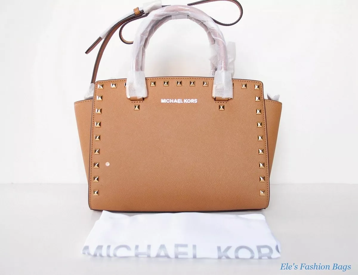 Michael Kors Studded Selma Medium Satchel Bag Peanut Brown Authentc