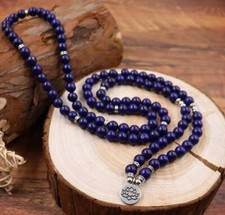 108 Mala Beads Natural 8mm Lapis Lazuli Stone Lotus Charm Necklace Mind Peace