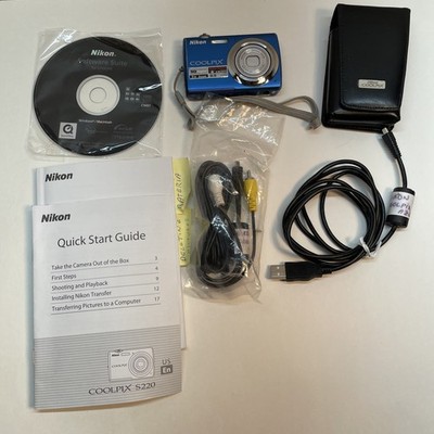 Nikon Coolpix S220 10.0MP Digital Camera Blue REPAIR  W/ Case  Disk Manual Cords