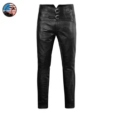 Men's Real Black Cowhide Leather Jim Morrison Biker Motorcycle Pants Trousers