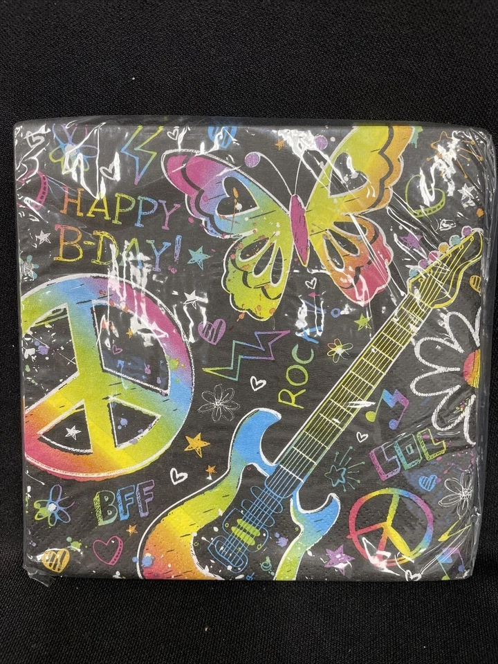 Servilletas de almuerzo de cumpleaños de roca Doodle Peace Butterflies de neón (16 quilates) Foto 2 de 3