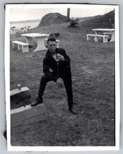 Vtg B&W Snapshot Man Holding Beer Can Sitting On Wall Picnic Area Park 1961