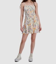 Hippie Rose Women's Beige Floral Smocked Button-Front Dress Juniors' Size L