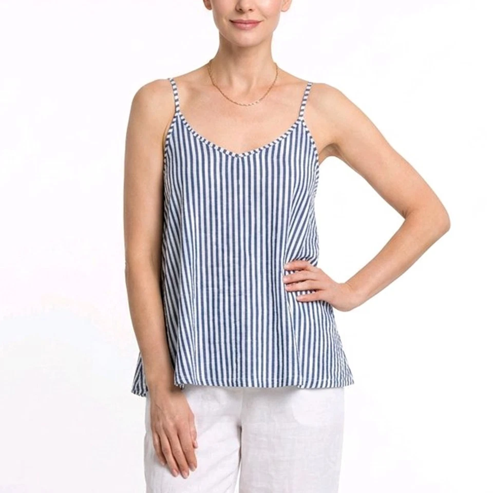 Italy Träger Top Gr. 38 40 Gestreift Blau Leinen Träger Blusenshirt Tunika - Bild 1 von 4